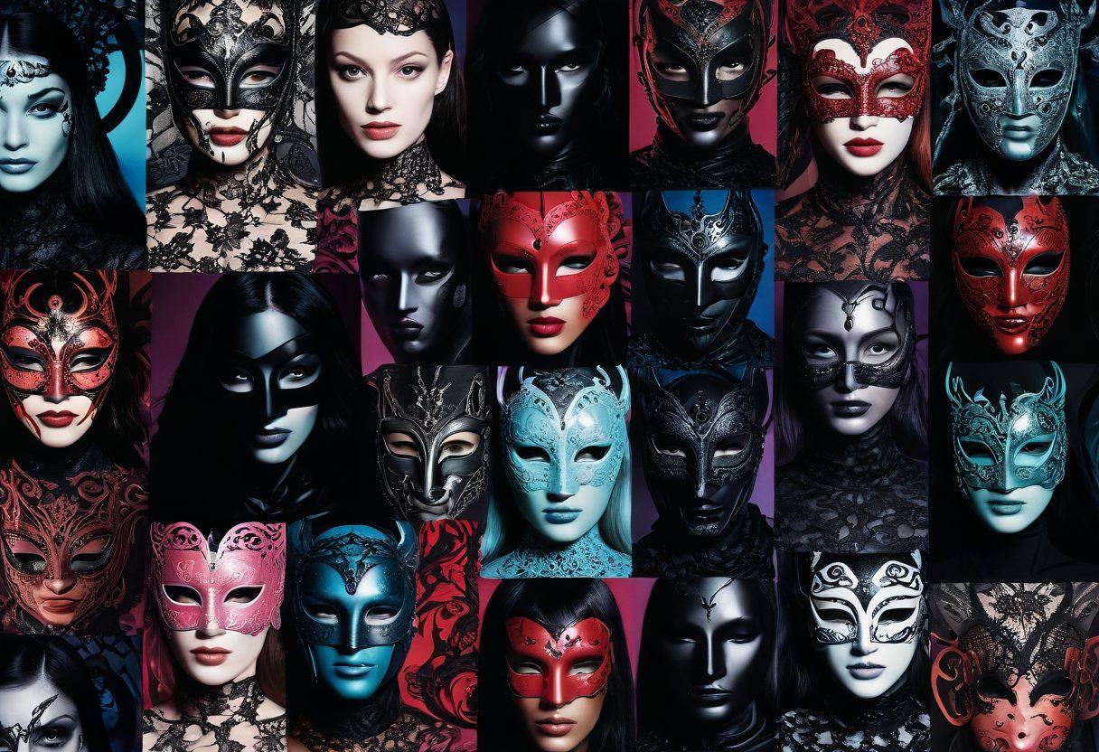 A visually striking collage featuring alluring silhouettes of diverse adult film scenes, blending symbols of various fetishes like leather, lace, and masks with dreamy fantasy elements. The background transitions from a soft gradient of sensual colors to bold, passionate hues that represent desire and allure. Incorporate subtle textures to evoke a sense of depth and intimacy. surreal art. vibrant colors. high contrast.